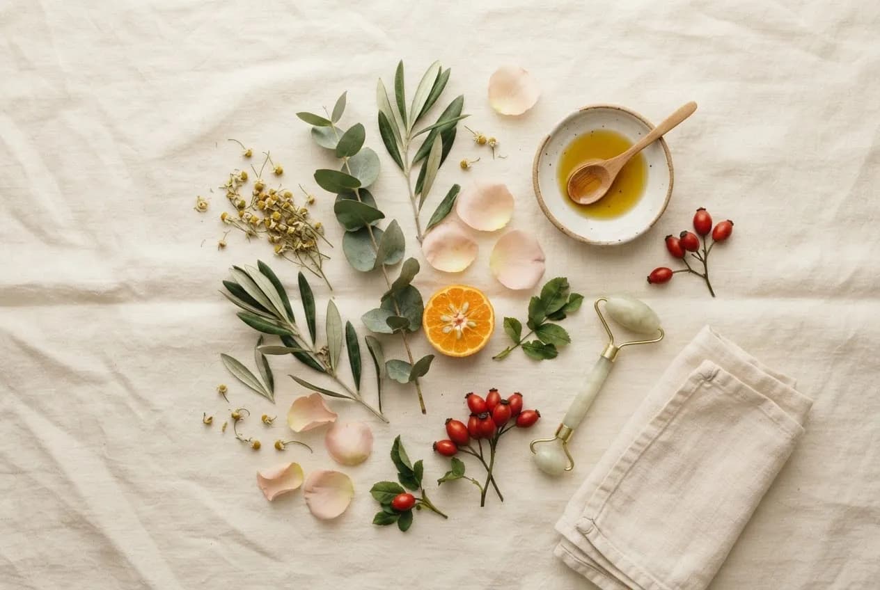 Eucalyptus, chamomile, rose petals, orange and rosehips on ivory linen.