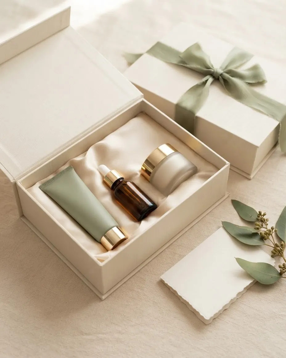 The Daily Essentials Set: ivory keepsake box, sage silk ribbon holding Gentle Cleanser, Vitamin C Serum, Barrier Moisturizer
