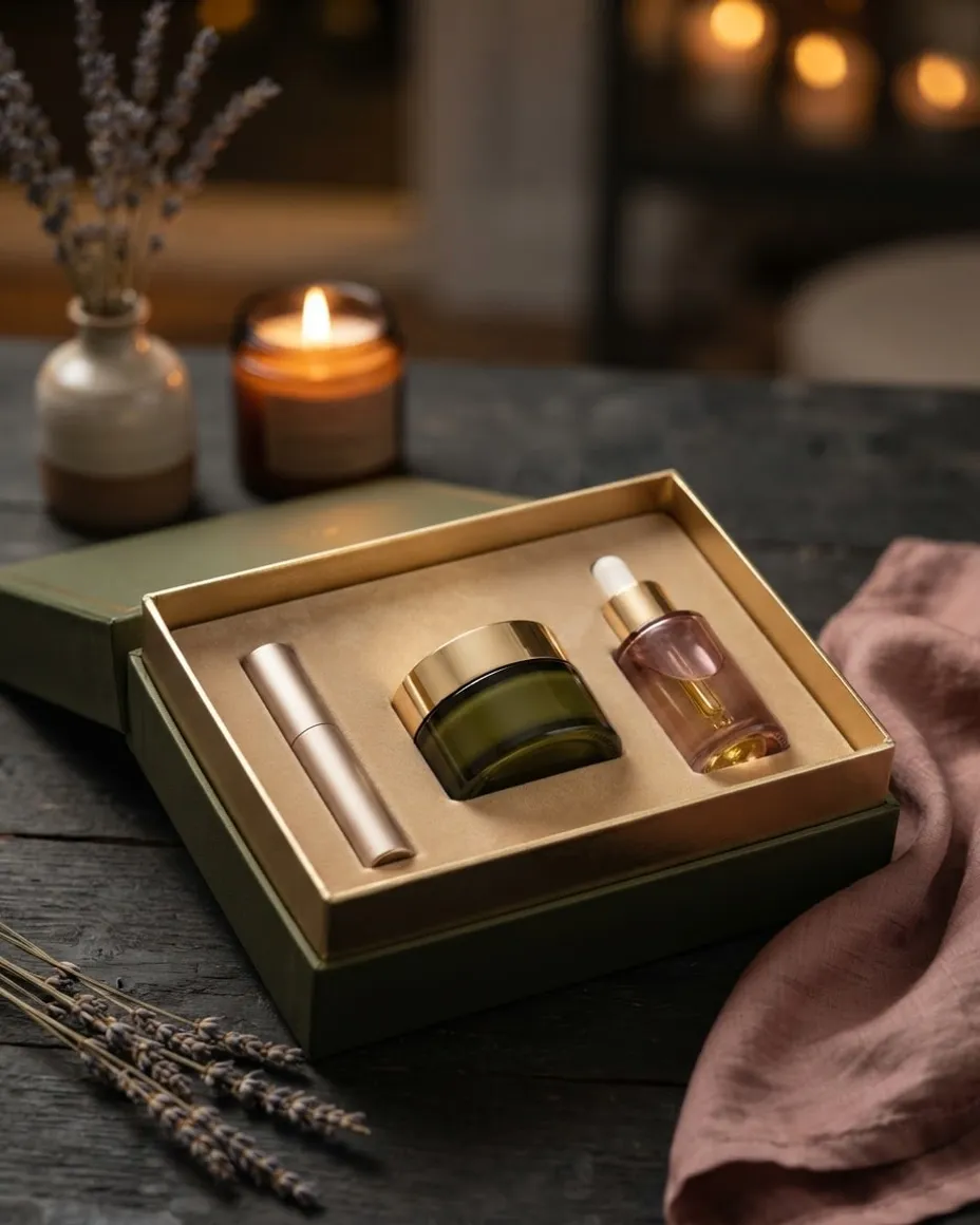 The Evening Recovery Set: olive box, gold-foil edge holding Overnight Cream, Rosehip Oil, Lip Treatment