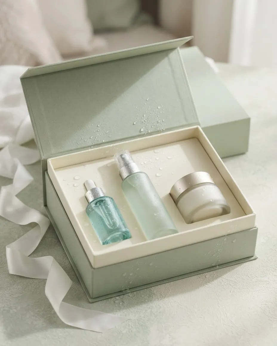 The Hydration Ritual Set: sage box, white silk ribbon holding Hydration Serum, Hydration Mist, Barrier Moisturizer